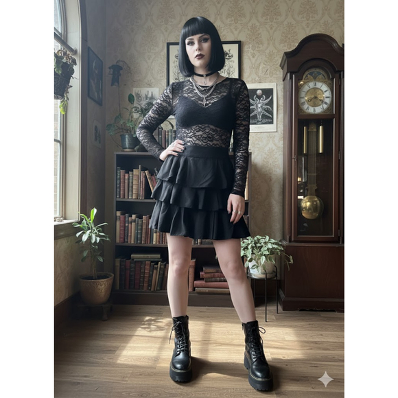 Banana Republic Dresses & Skirts - Banana Republic Black Tiered Ruffle Mini Skirt Silk-Like Cupro Size 8 Goth Boho